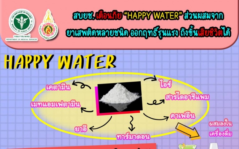 สบยช. เตือนภัย  “HAPPY WATER” ส่วนผสมจากยาเสพติดหลายชนิด ออกฤทธิ์รุนแรง ถึงขั้นเสียชีวิตได้