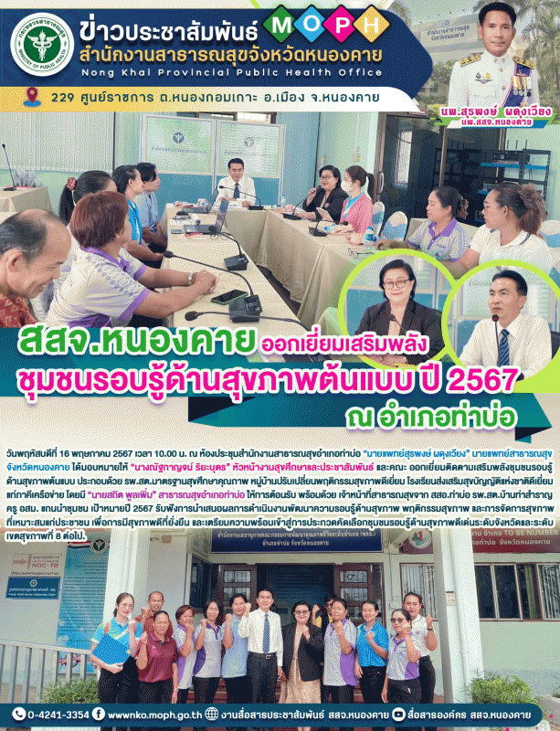 สสจ.หนองคาย ออกเยี่ยมเสริมพลังชุมชนรอบรู้ด้านสุขภาพต้นแบบ ปี 2567 ณ อำเภอท่าบ่อ