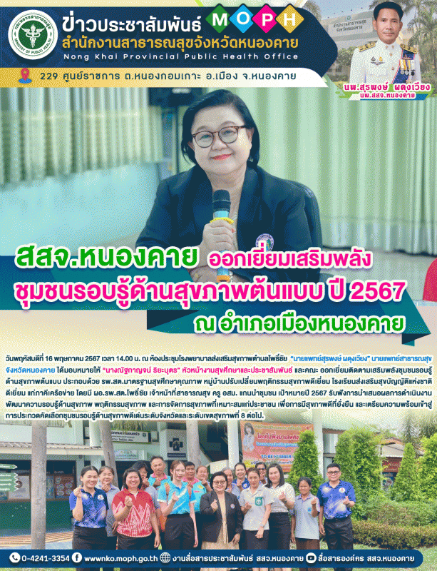 สสจ.หนองคาย ออกเยี่ยมเสริมพลังชุมชนรอบรู้ด้านสุขภาพต้นแบบ ปี 2567 ณ อำเภอเมืองหนองคาย