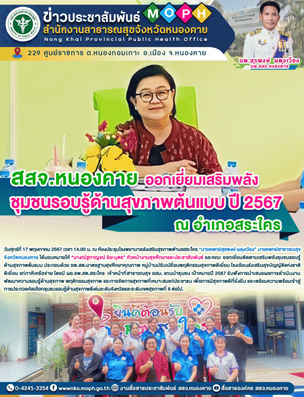 สสจ.หนองคาย ออกเยี่ยมเสริมพลังชุมชนรอบรู้ด้านสุขภาพต้นแบบ ปี 2567 ณ อำเภอสระใคร