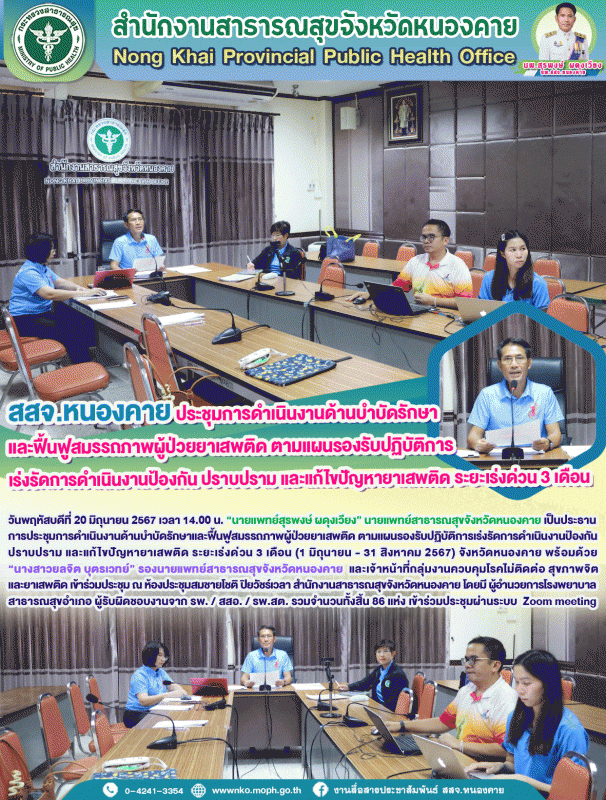 สสจ.หนองคาย ประชุมการดำเนินงานด้านบำบัดรักษาและฟื้นฟูสมรรถภาพผู้ป่วยยาเสพติด ตาม...