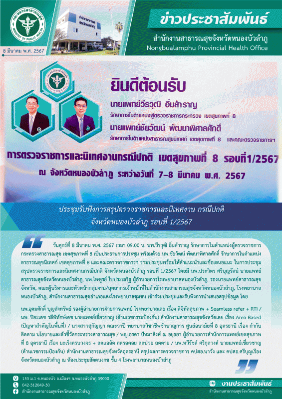 ประชุมรับฟังการสรุปตรวจราชการและนิเทศงานกรณีปกติ จังหวัดหนองบัวลำภู รอบที่ 1/2567